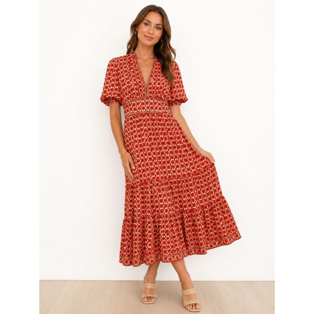 Max Studio London Red Floral Puff Sleeve Tiered Midi Dress S Boho Cottagecore